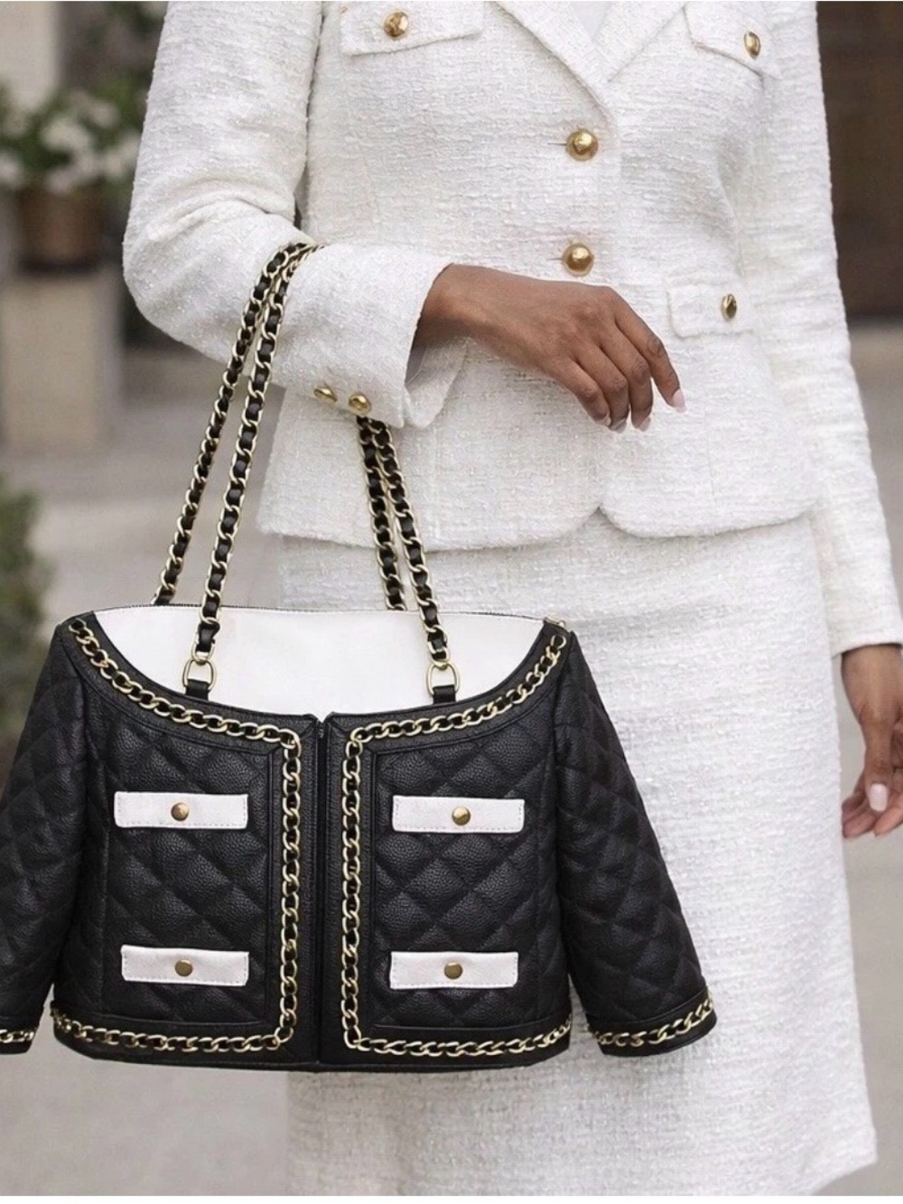 Vegan Leather Quilted Jacket Handbag - Black & White Chain Purse Novelty Bag